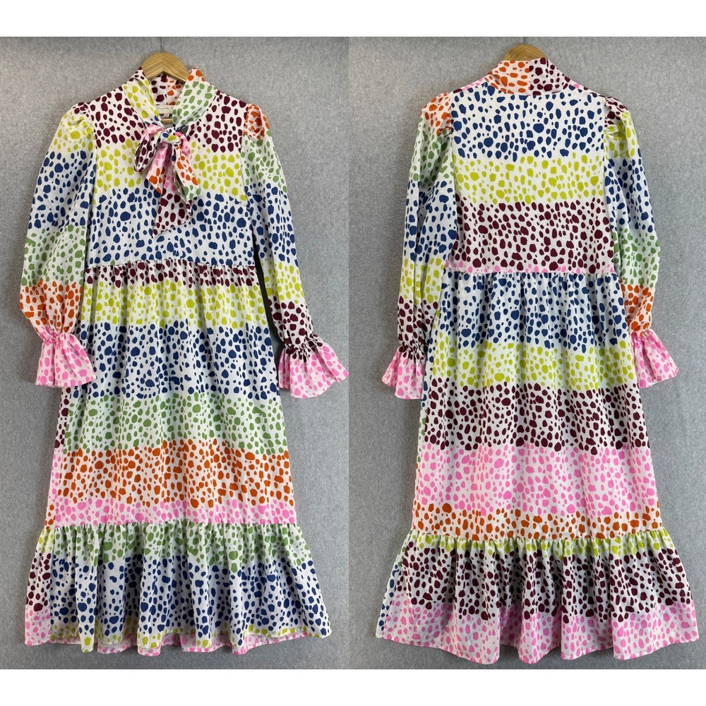 Never Fully Dressed Colorful Polka Dot Tie Neck Long Sleeve Midi Dress Size‎ 4